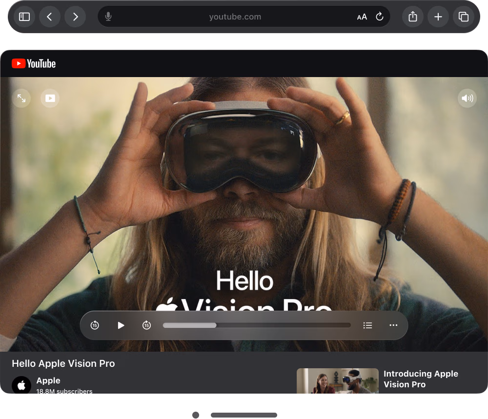 Simulated screen capture of Safari on visionOS with youtube.com open. Video controls are similar to native visionOS user interface elements.